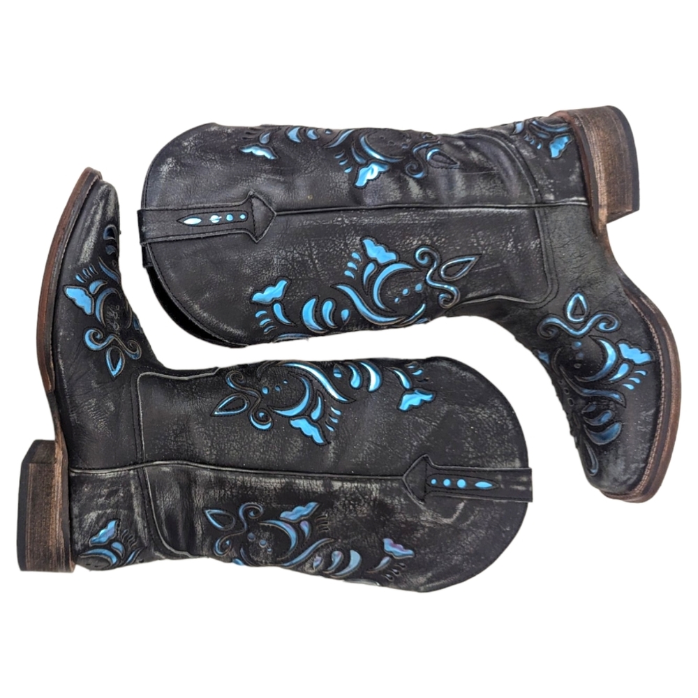 Roper Leather Cutout Western Boots Womens  7 Cowboy Distress Black Blue Metallic - Picture 9 of 13